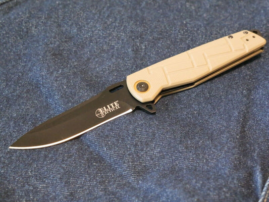 Elite Tactical Desert Spring Assist Pocket Knife 8CR13 Black Blade Tan Handle