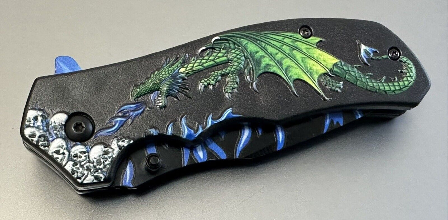 Green Dragon Pocket Knife Full Size Blue Flames 4.5 Inches 440 Steel EDC Clip