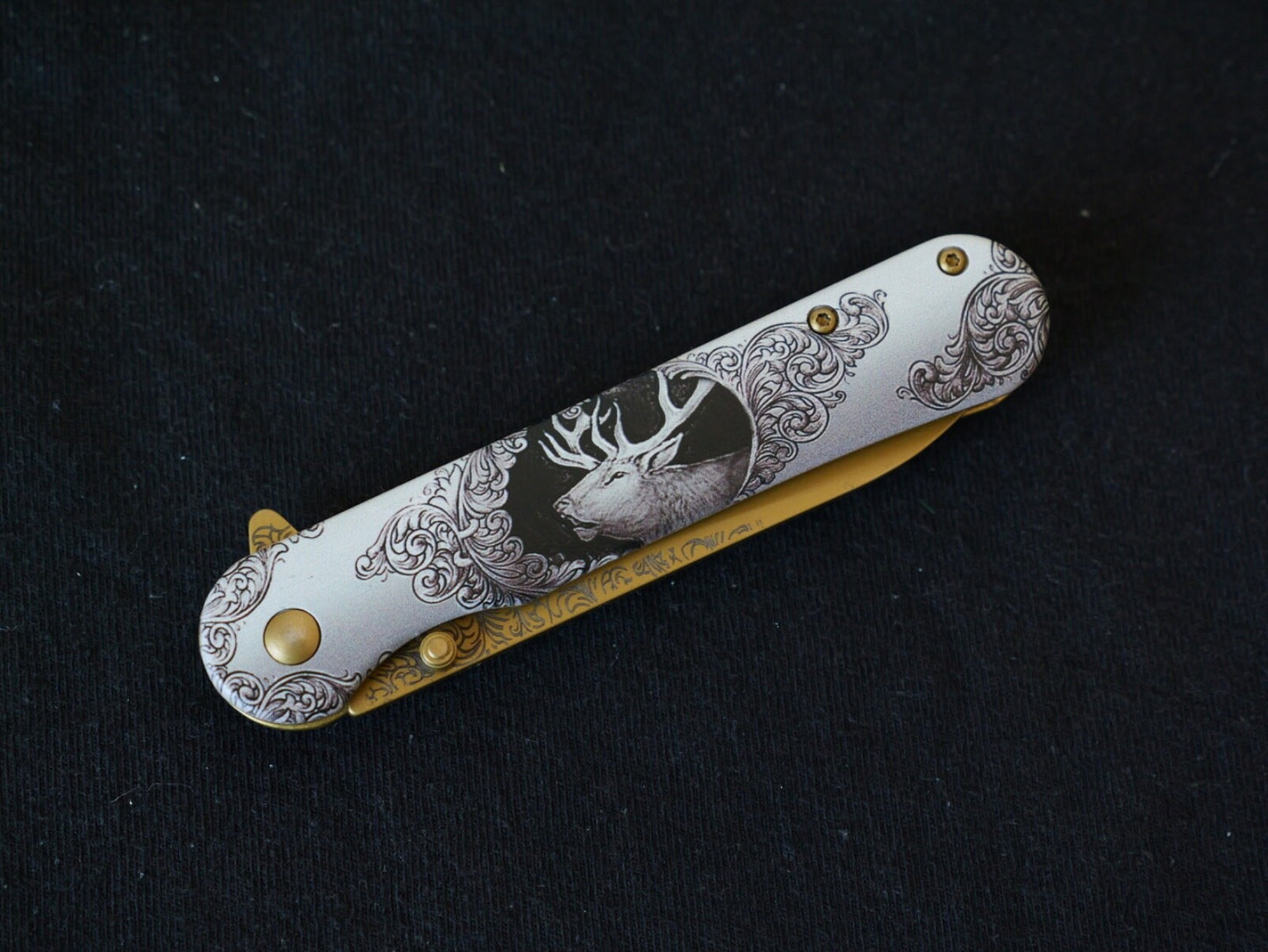 Gold Buck Spring Assist Pocket Knife Victorian Era Style Ornate Full Metal 8”