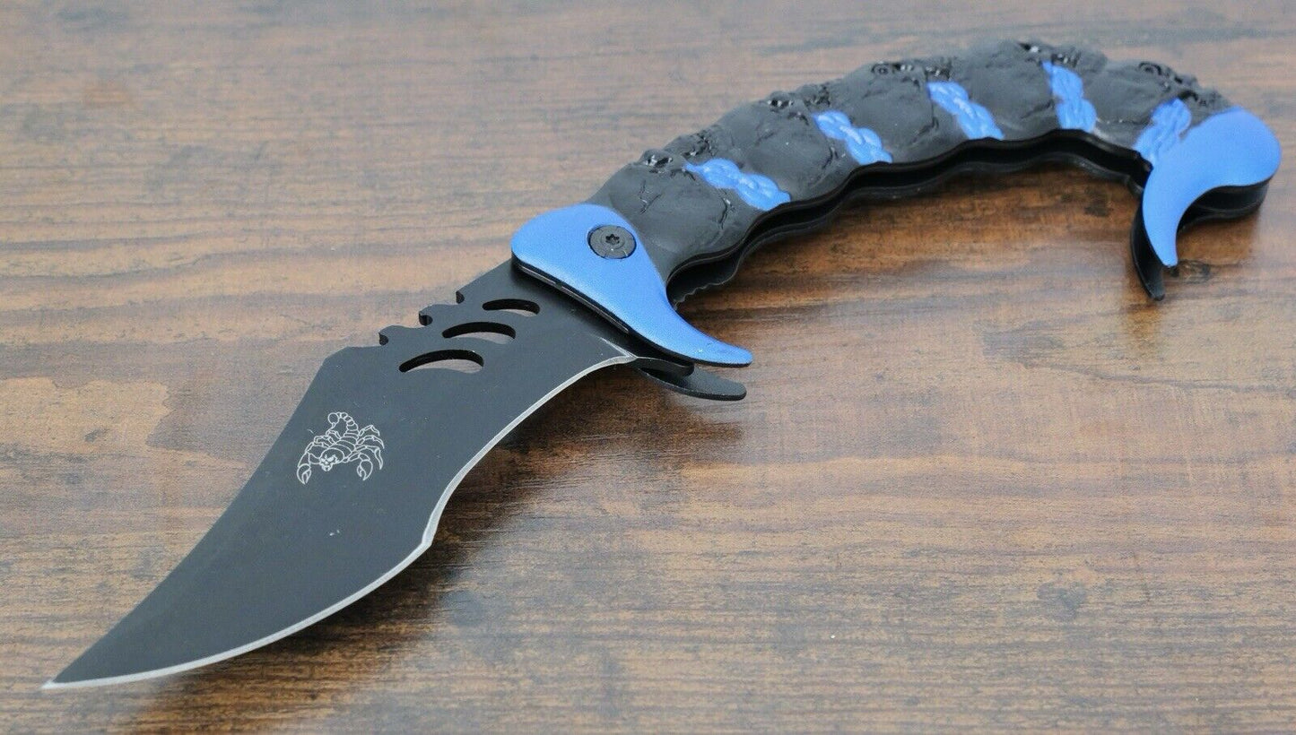 Scorpion Pocket Knife Black Blue XL 1065 High Carbon Steel Belt Clip Tactical