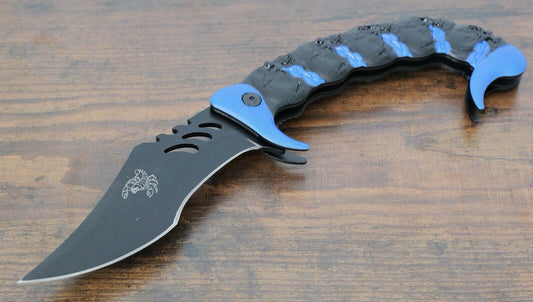 Scorpion Pocket Knife Black Blue XL 1065 High Carbon Steel Belt Clip Tactical