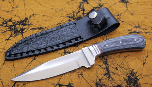 9” Fixed Blade Knife Wood Handle Full Tang Mirror Finish Black Leather Sheath