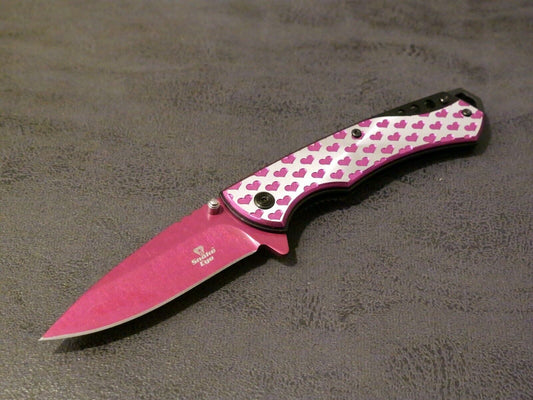 8” Heart Pocket Knife Pink Full Size Ladies Self Defense Girly Cute