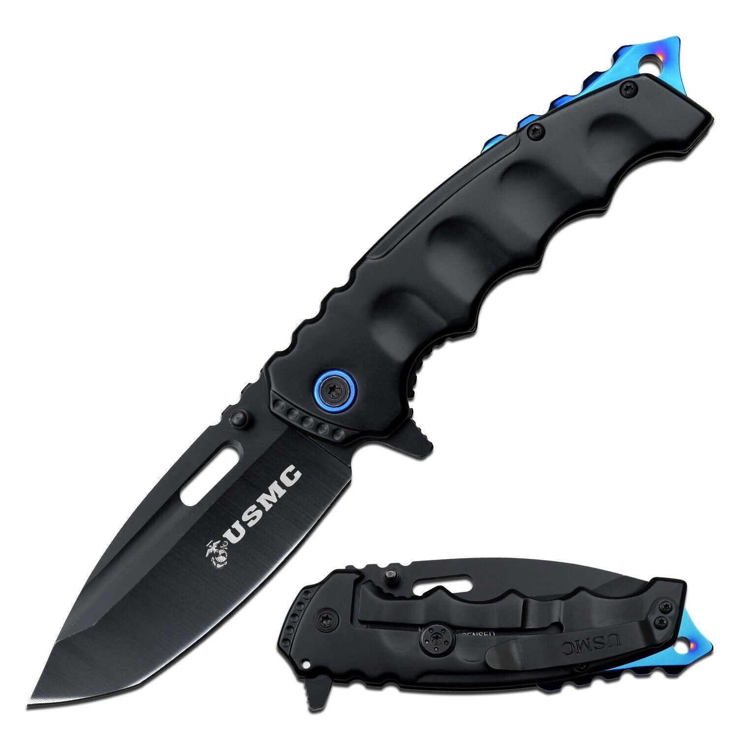 USMC Pocket Knife Spring Assist Black Blue Sharp Heavy Duty Metal Handle XL