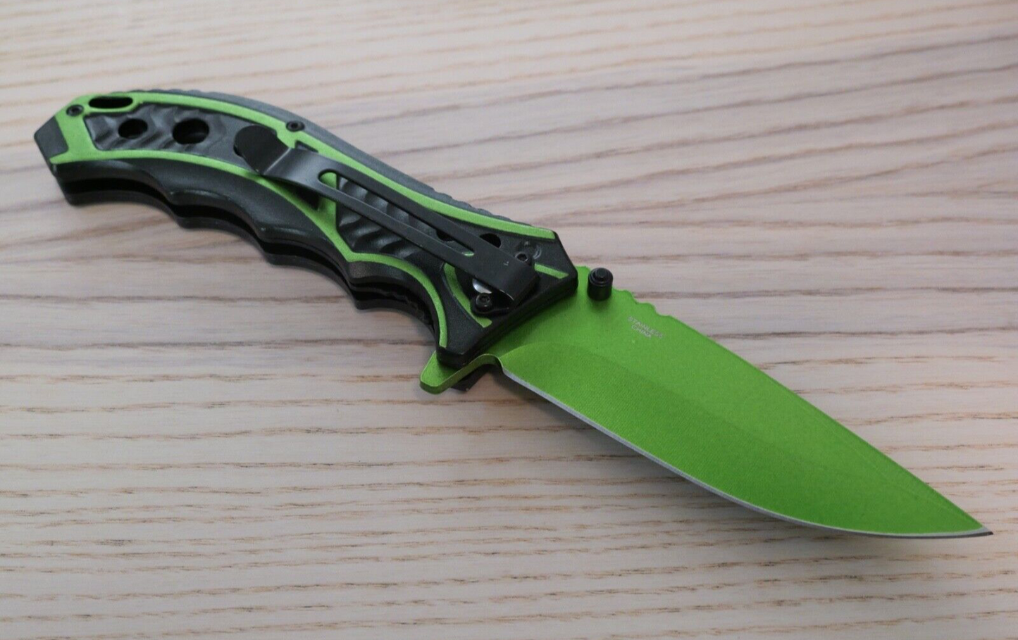 Green Pocket Knife Spring Assisted Black Self Defense Full Size High Visibility