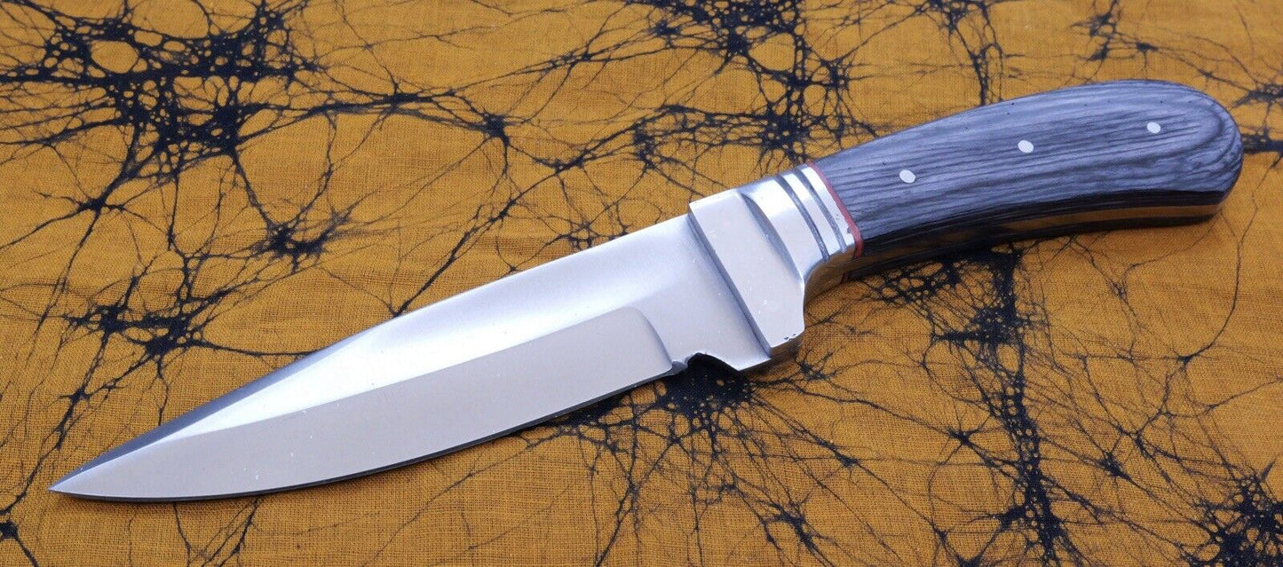 9” Fixed Blade Knife Wood Handle Full Tang Mirror Finish Black Leather Sheath
