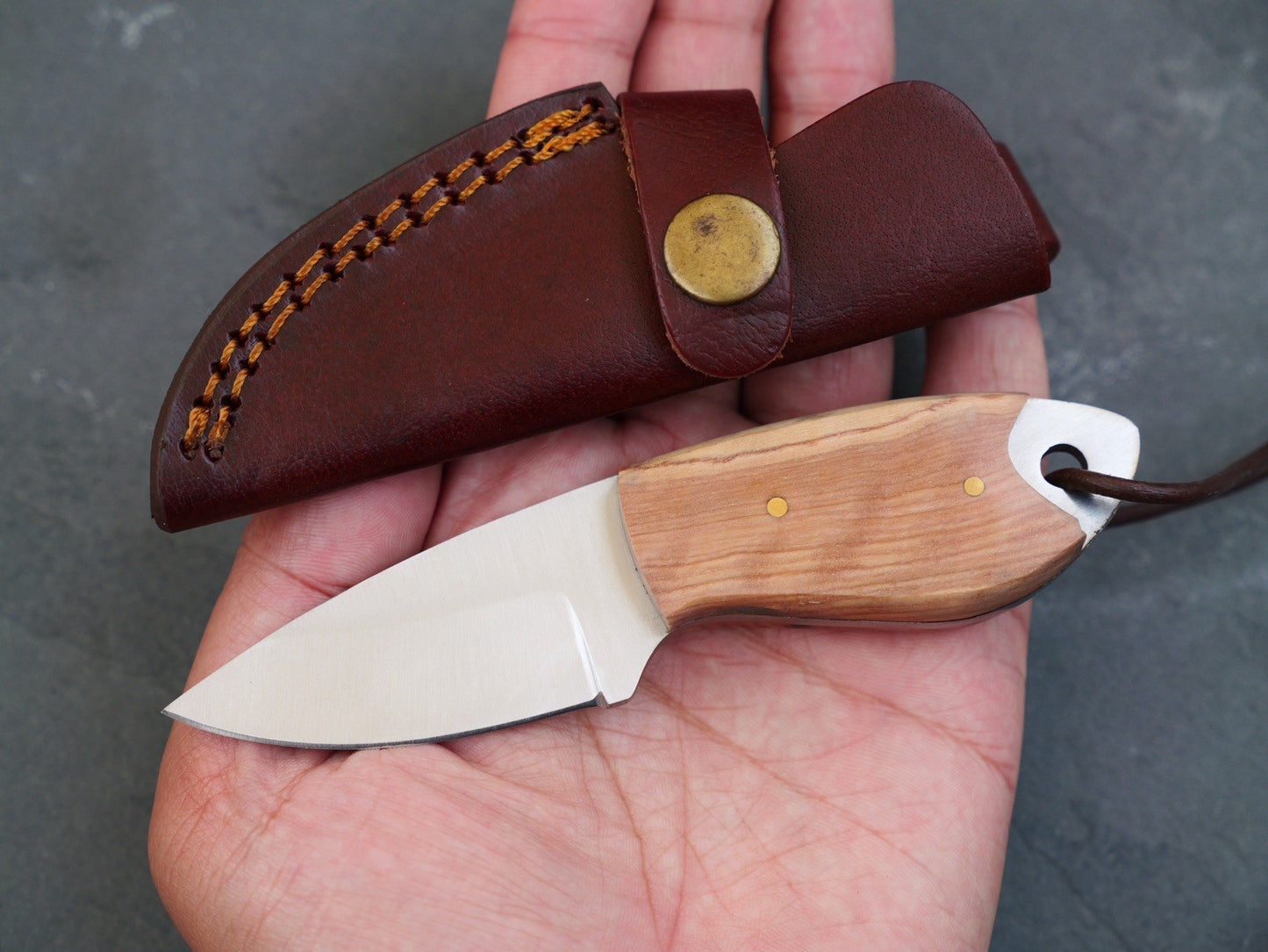 5” Fixed Blade Knife Mini Full Tang Leather Sheath 2” Blade Sharp Wood Handle