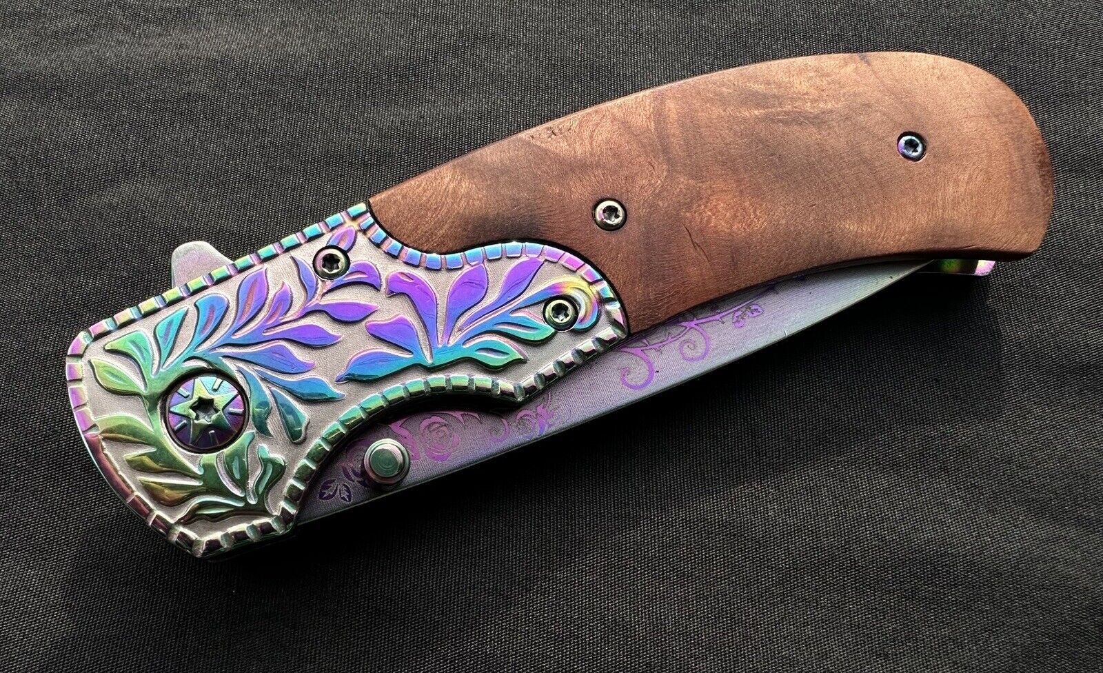 Folding Pocket Knife Rainbow Burlwood Handle Rose Engraved Design Full Size 🌹