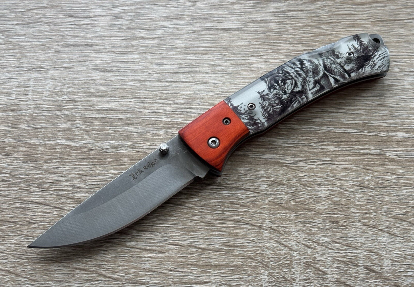Elk Ridge Pocket Knife Wolf Manual Lockback Medium Size Wood Handle