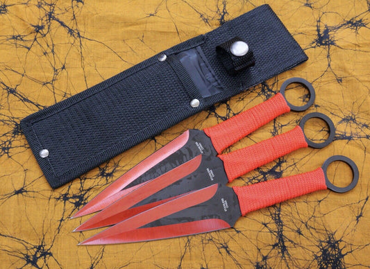 9” Throwing Knife Set 3 Pcs Red Large Kunai Double Edge Spear Tip Balanced Sharp