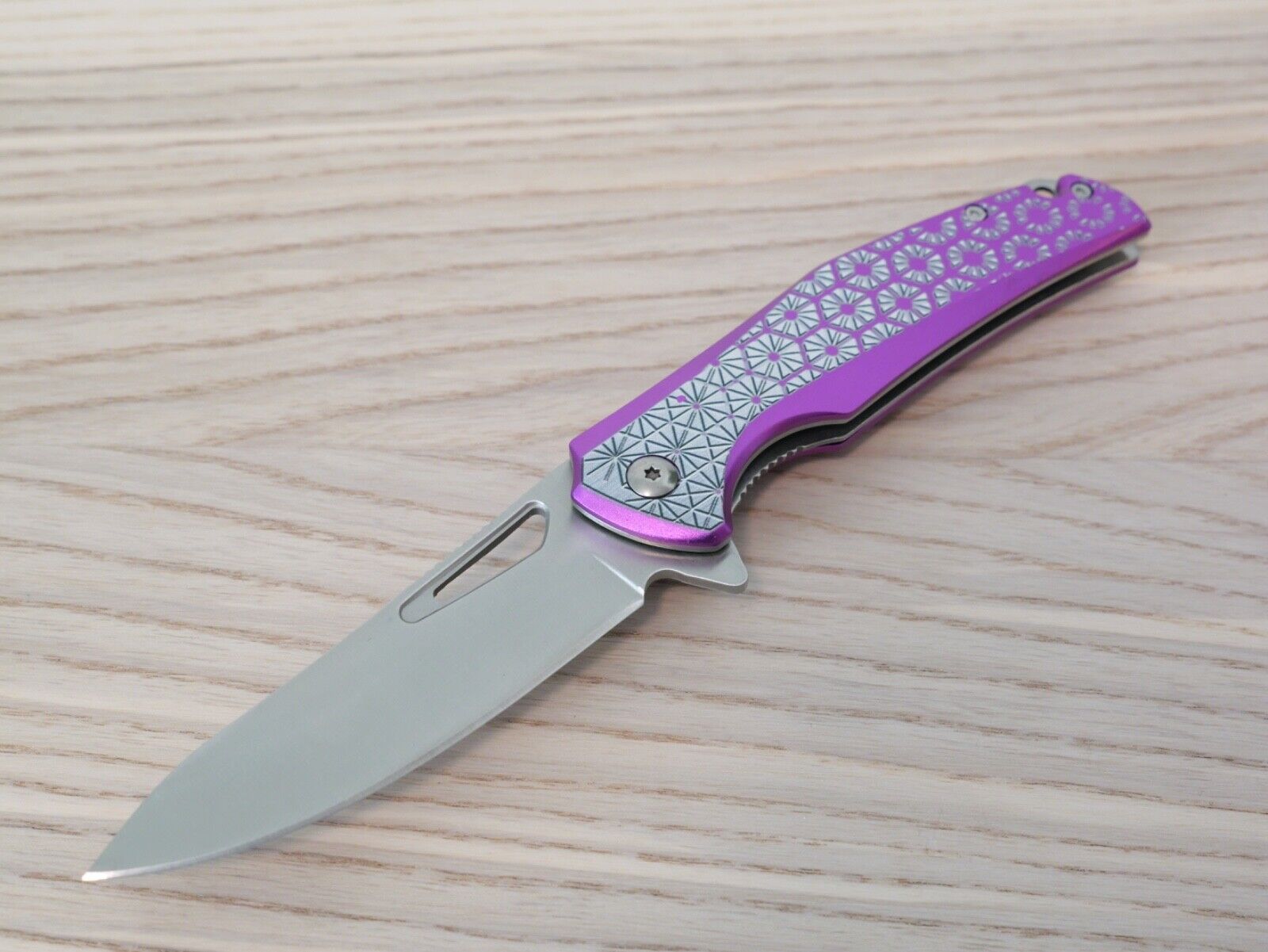 Purple Pocket Knife Spring Assisted Chrome Ladies Self Defense Girly Full Size