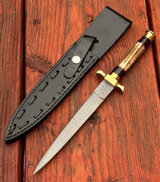 13” FS Commando Dagger Damascus Full Tang Double Edge Spear Point Leather Sheath