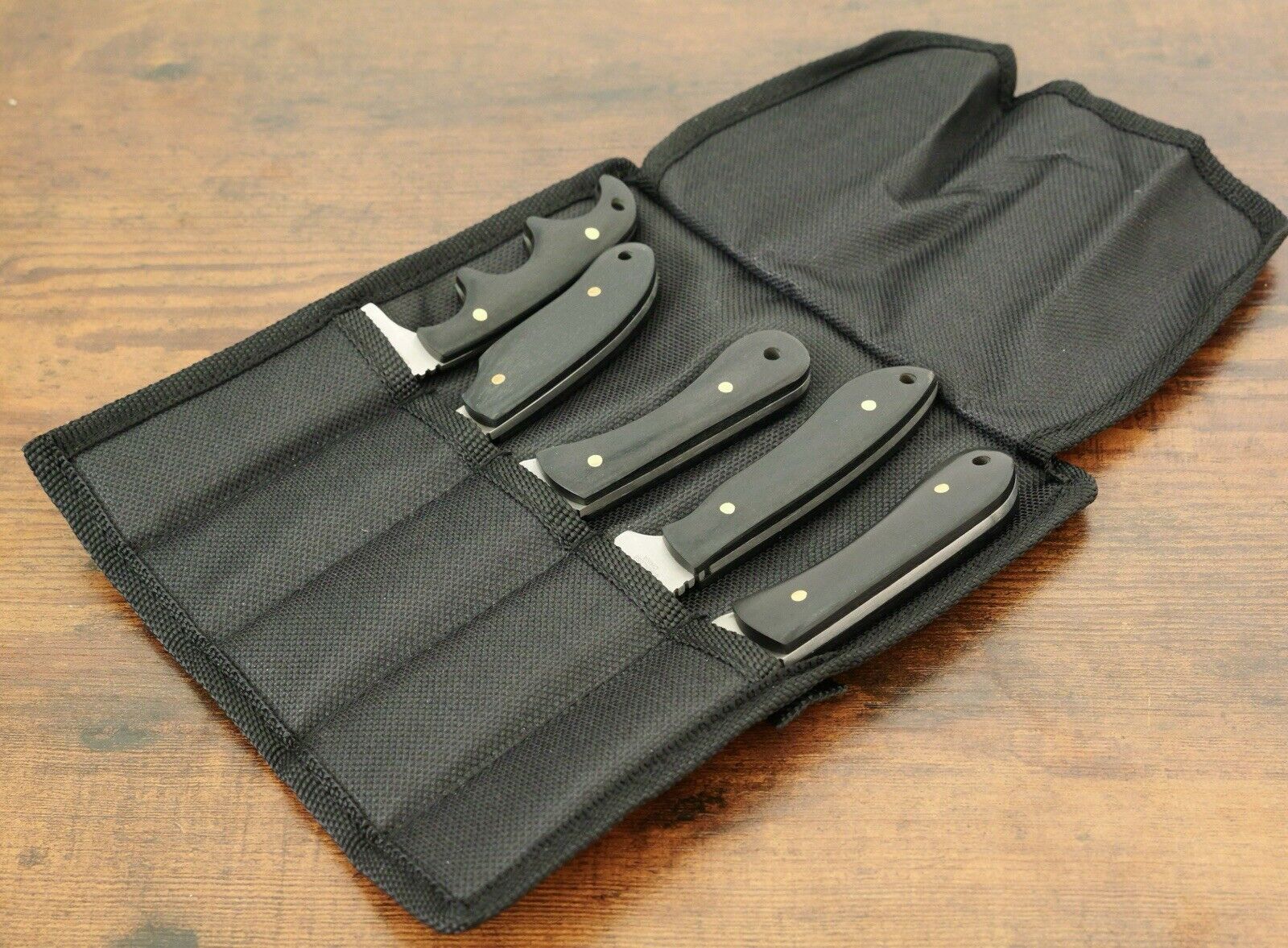 5pc Survival Knife Set Fixed Blade Wood Handle Nylon Sheath Black Full Tang Edc