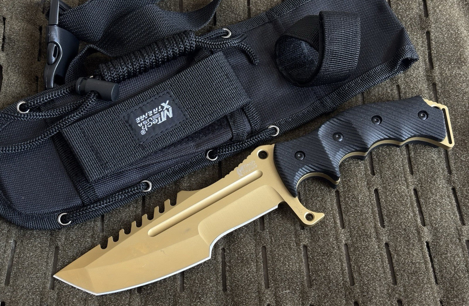 11” Fixed Blade Knife Gold Black 440c 6mm Thick G10 Handle Full Tang Saw back