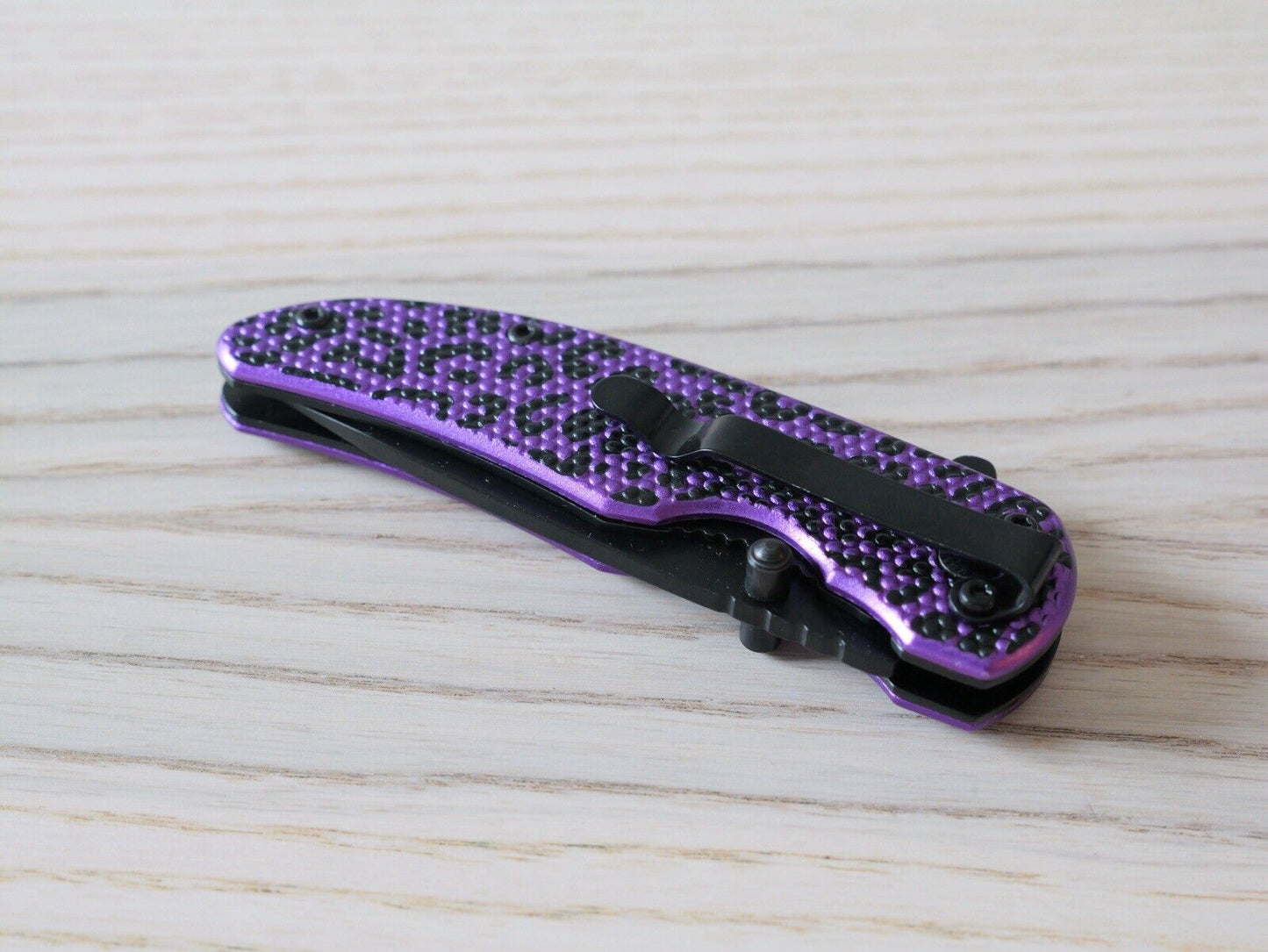 Purple Cheetah Pocket Knife Ladies Pretty Girly Folding Small 4” Sharp Black