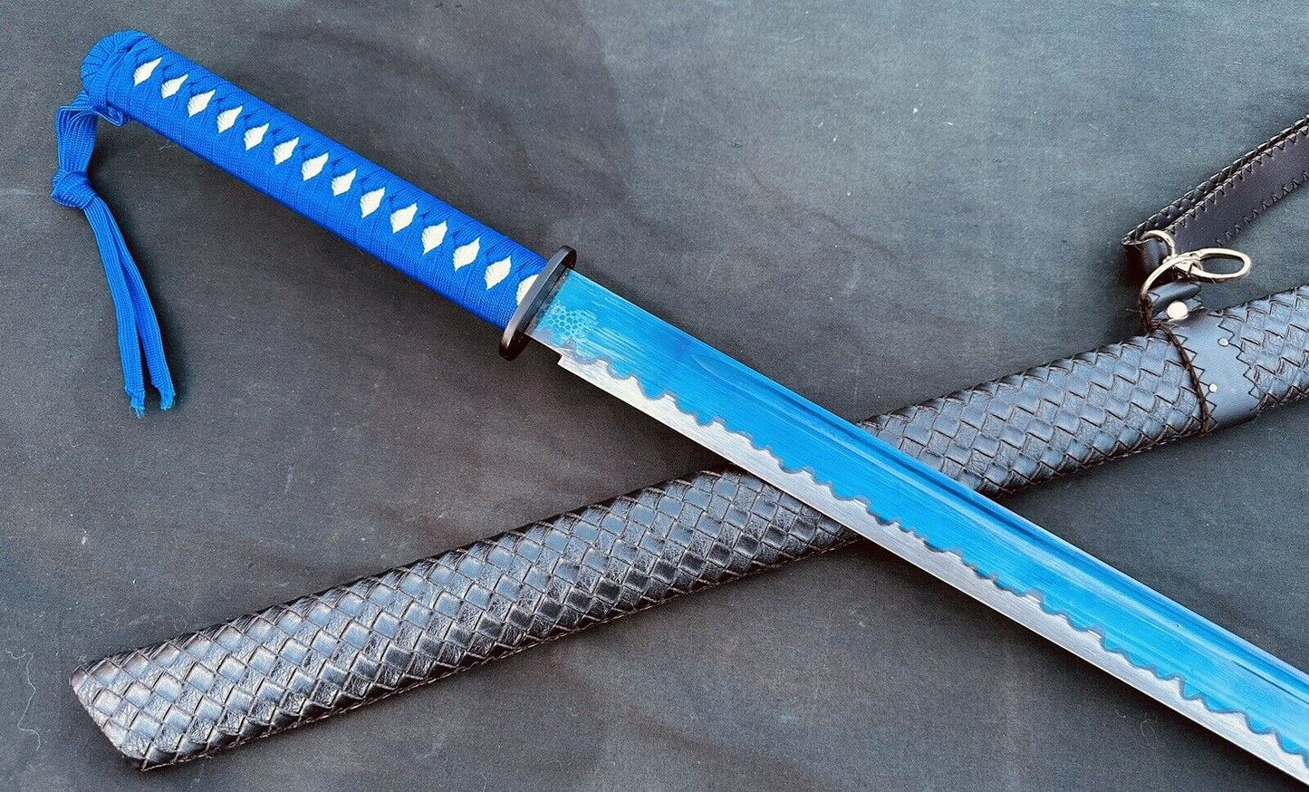 Samurai Katana 28” Blue Manganese Blade Deluxe Wrapped Wood Scabbard 38” Overall