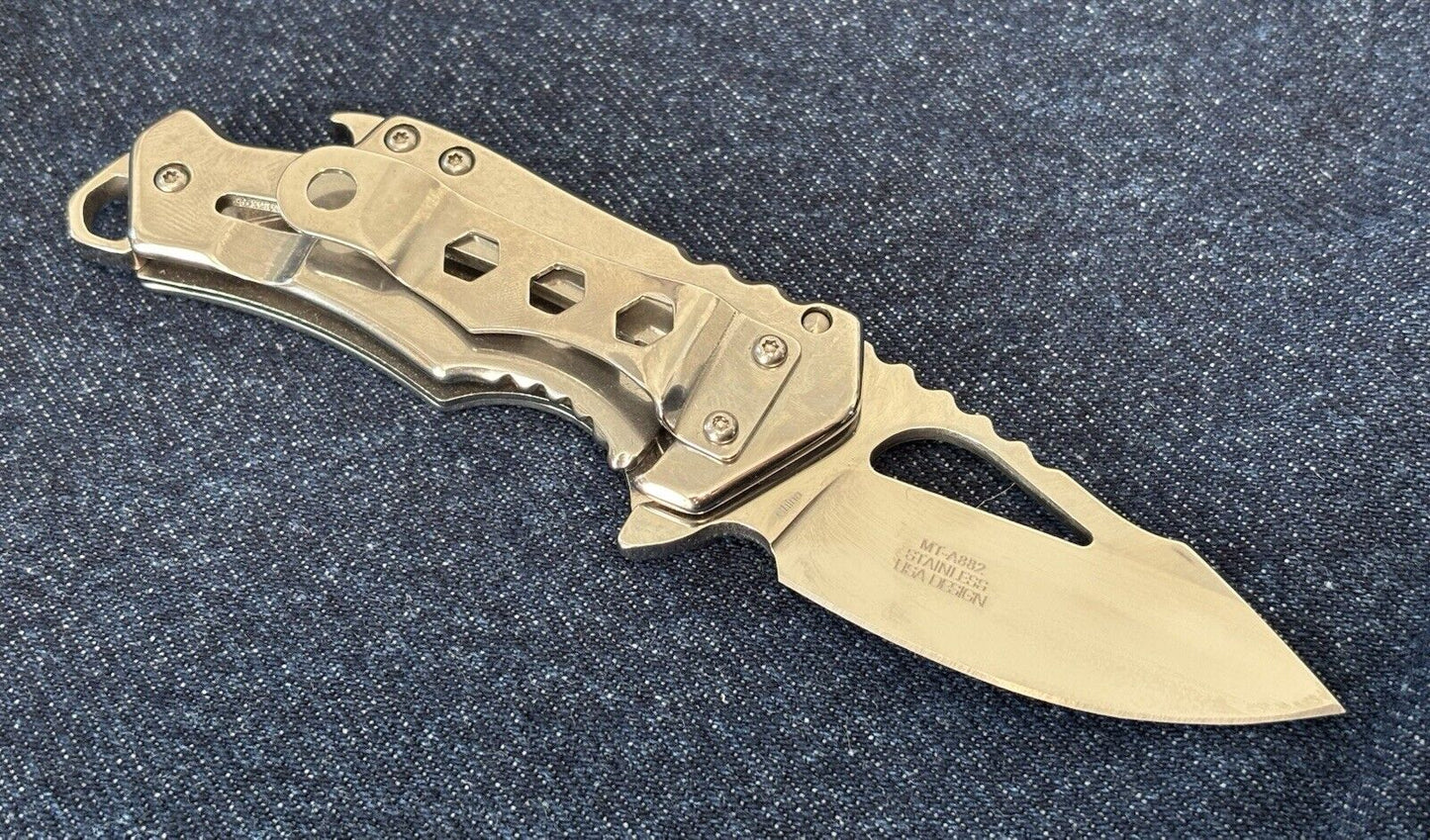 Mini Chrome Pocket Knife Compact Edc Spring Assisted 2” Blade All Metal Silver