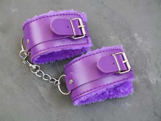 Fuzzy Purple Handcuffs Stainless Steel Chain And Studs Bedroom Nighttime 