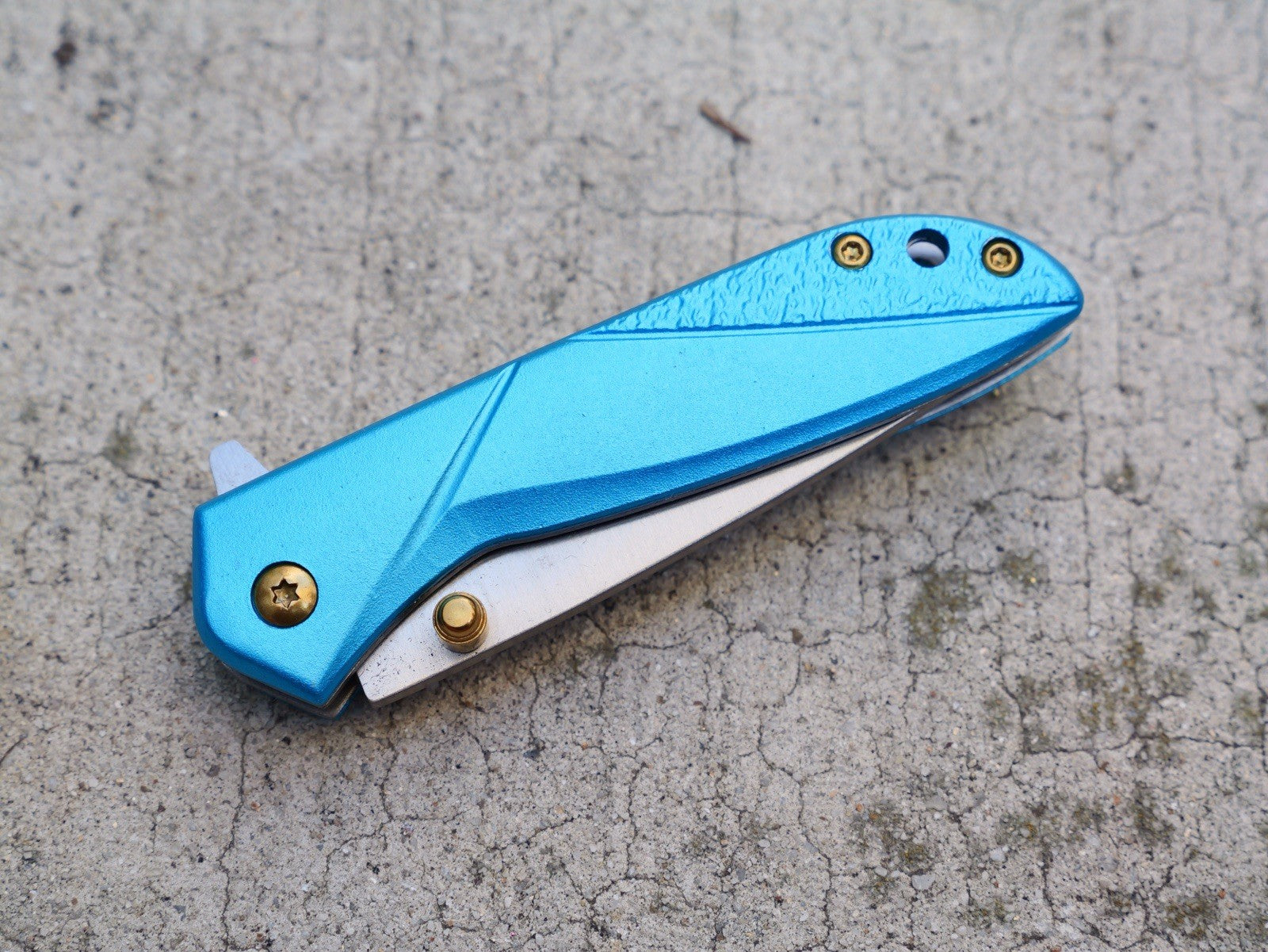 6” Aesthetic Spring Assist Pocket Knife Gold Clip Blue Handle Gray 3” Blade