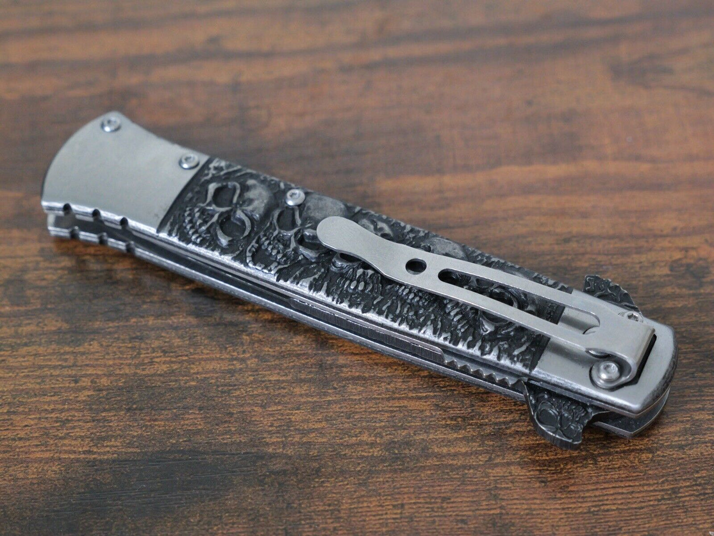 5” Folding Knife Skulls Chrome Full Size Pocket Knife Metal Handle Belt Clip