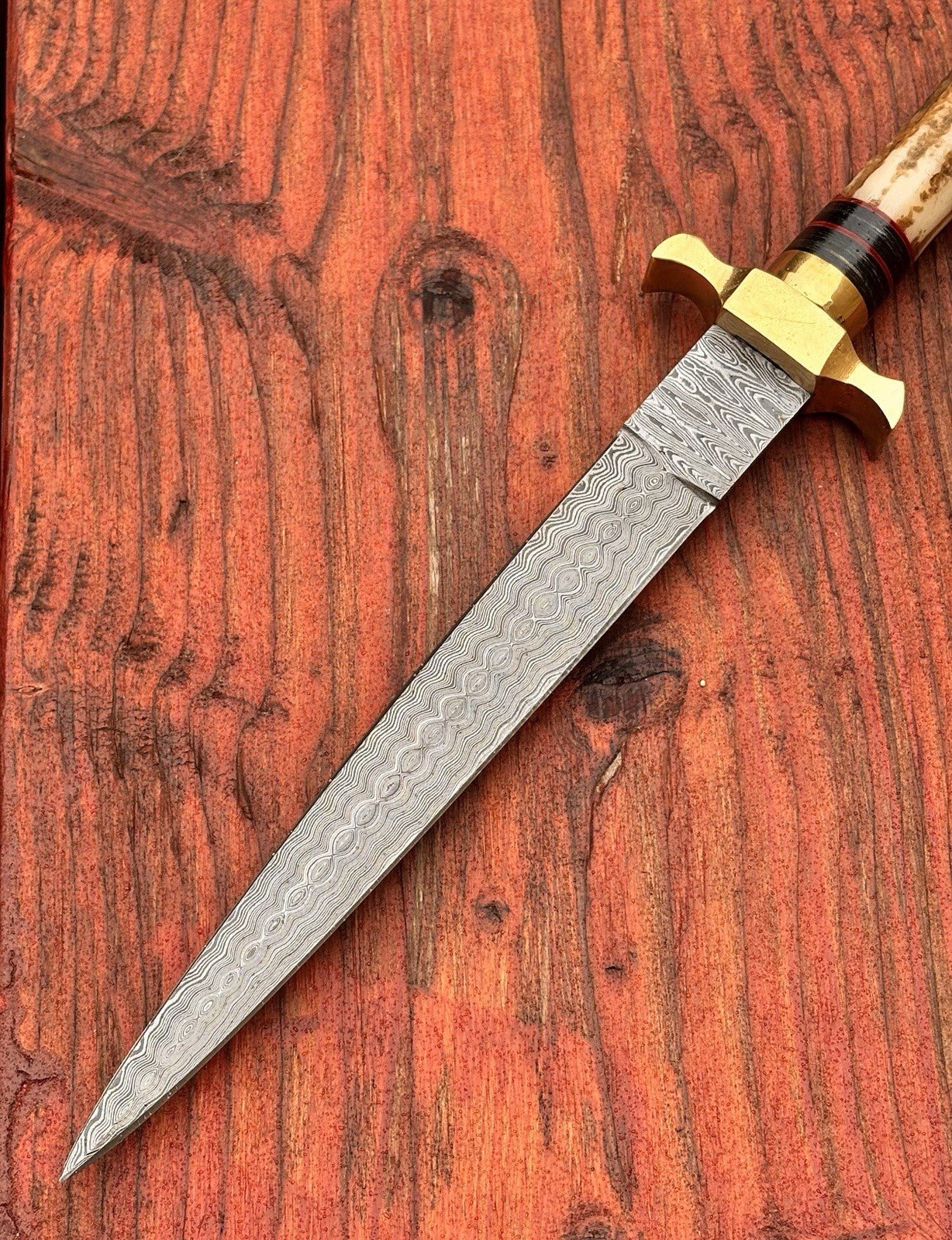 13” FS Commando Dagger Damascus Full Tang Double Edge Spear Point Leather Sheath