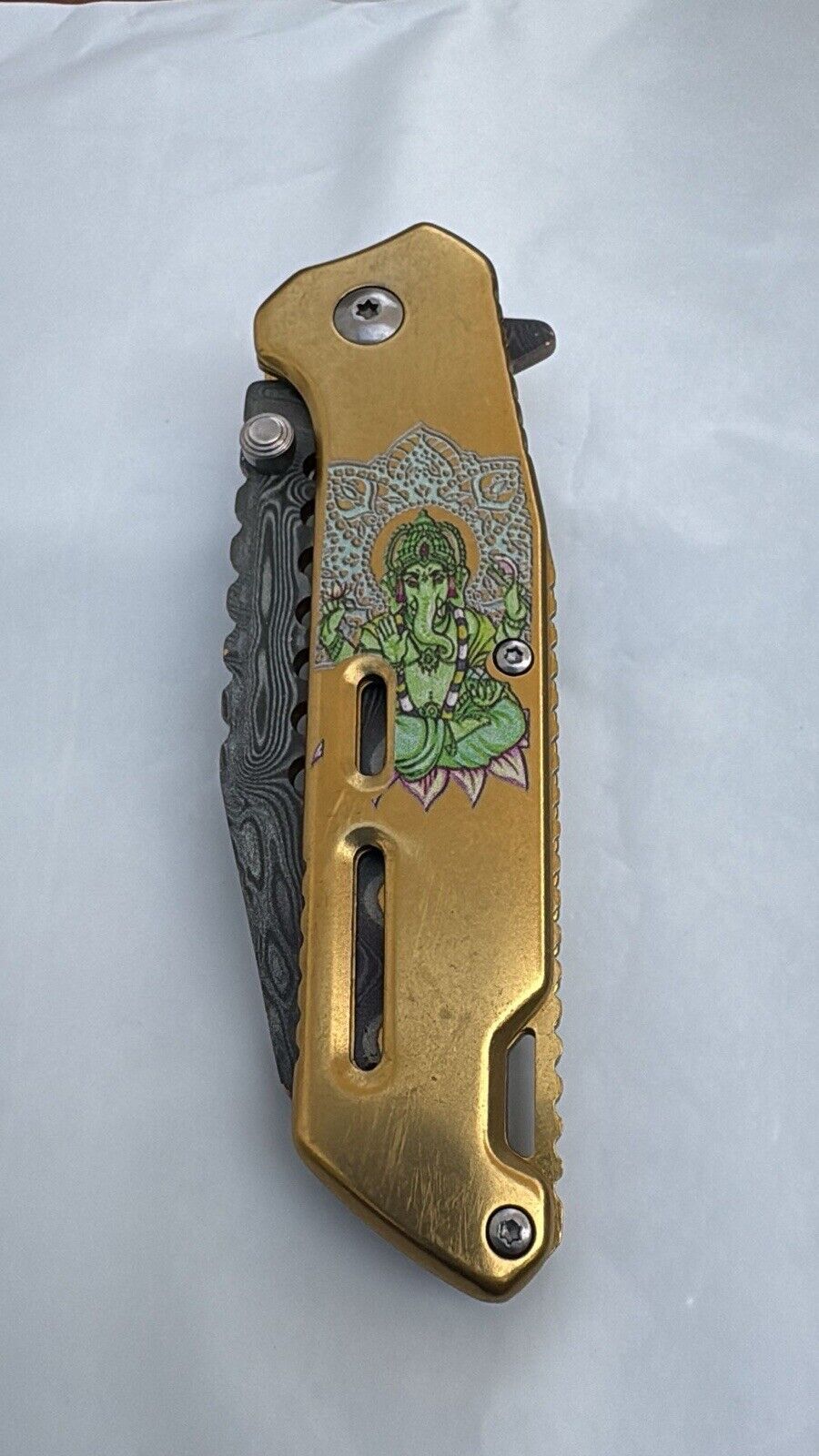 Gold Ganesh Pocket Knife Wild Design All Metal Sharp Wharncliffe Blade Damascus 