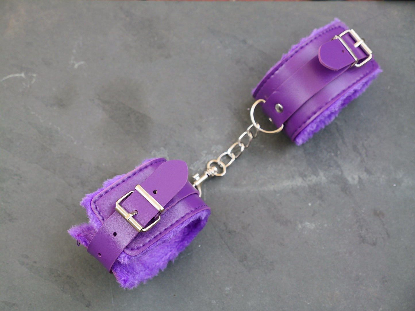 Fuzzy Purple Handcuffs Stainless Steel Chain And Studs Bedroom Nighttime 