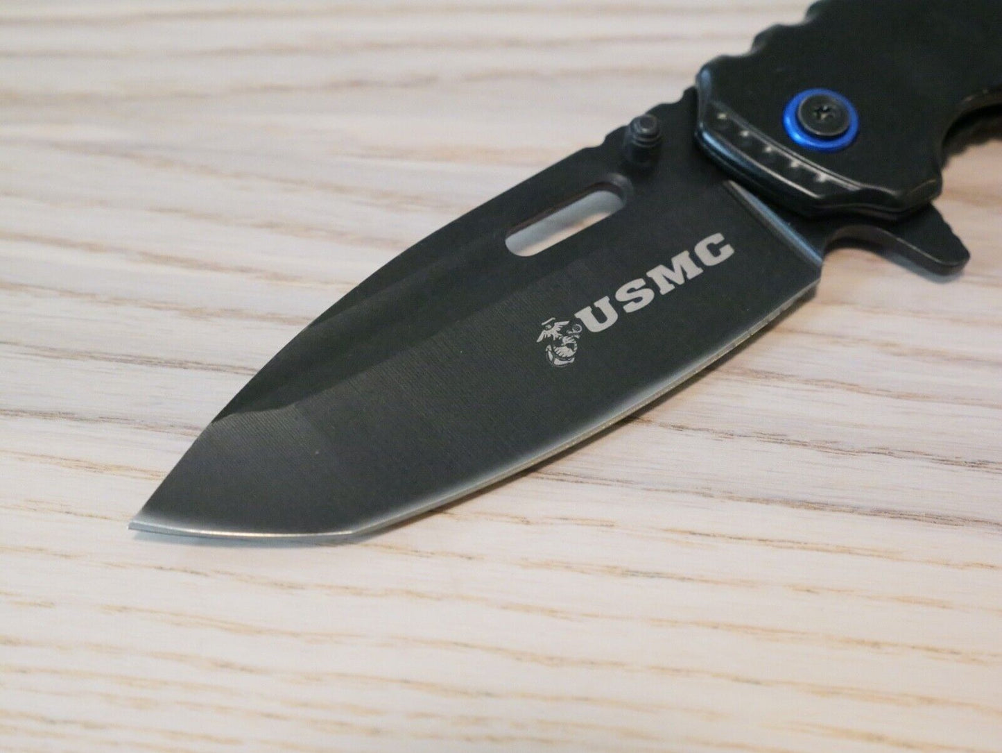 USMC Pocket Knife Spring Assist Black Blue Sharp Heavy Duty Metal Handle XL