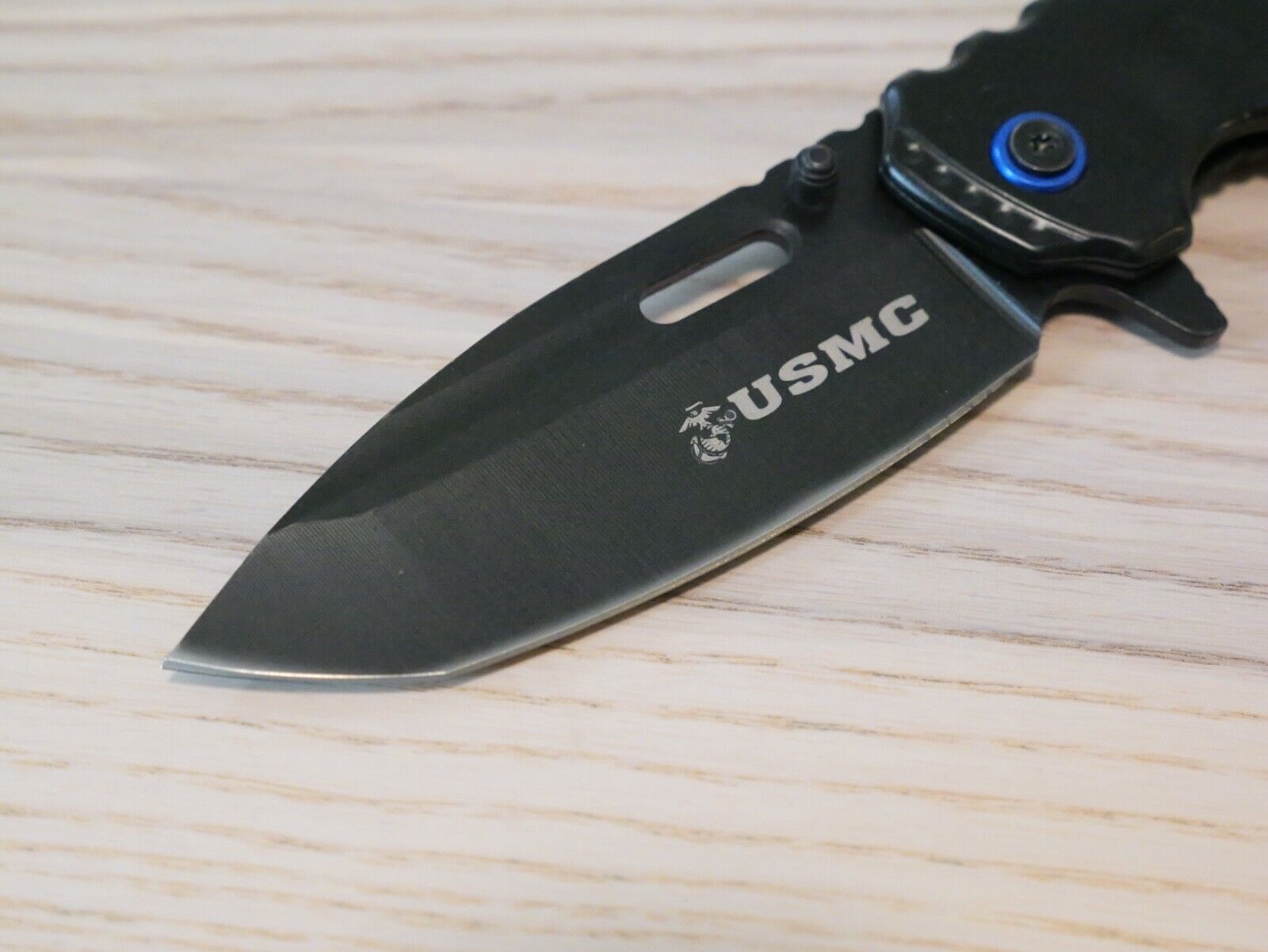 USMC Pocket Knife Spring Assist Black Blue Sharp Heavy Duty Metal Handle XL