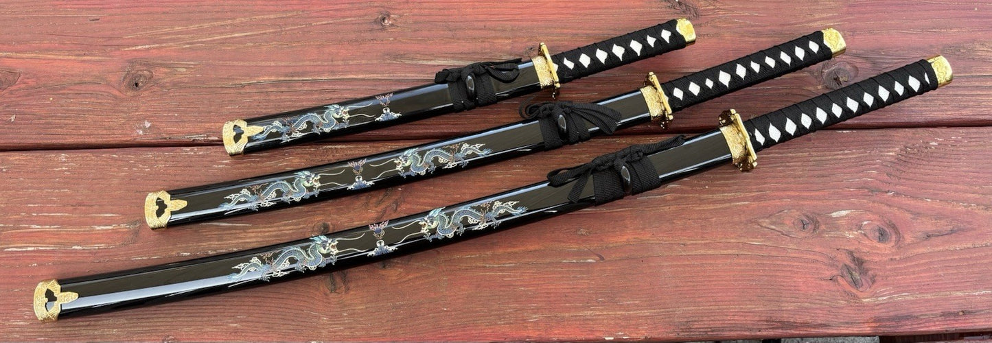 Samurai Sword Set Black Dragon Display Stand Wood Scabbard Katana 3 Piece Set
