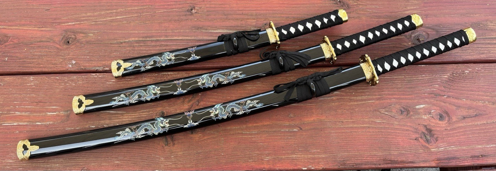 Samurai Sword Set Black Dragon Display Stand Wood Scabbard Katana 3 Piece Set