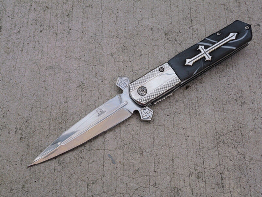Cross Pocket Knife Full Size Spring Assisted Black Pearl Handle Spear Point Clip