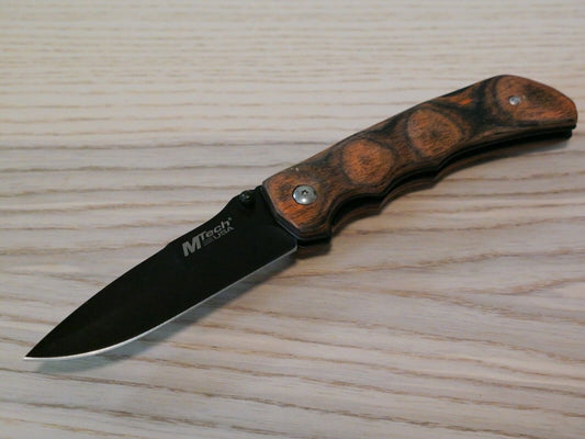 Full Size Manual Pocket Knife Black Blade Wood Handle Pocket Clip Sharp EDC