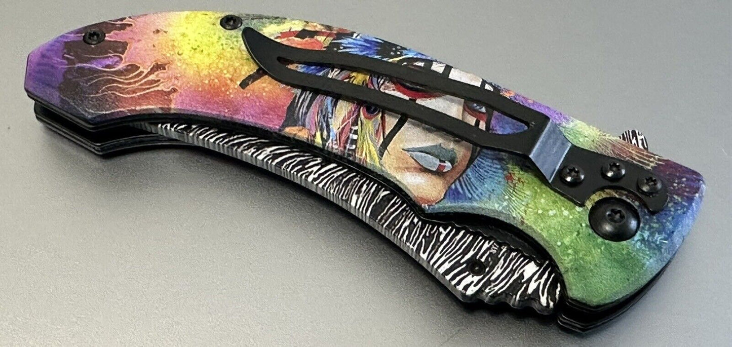 Full Size Folding Pocket Knife Native Rainbow Queen Feather Design Blade 4.5”