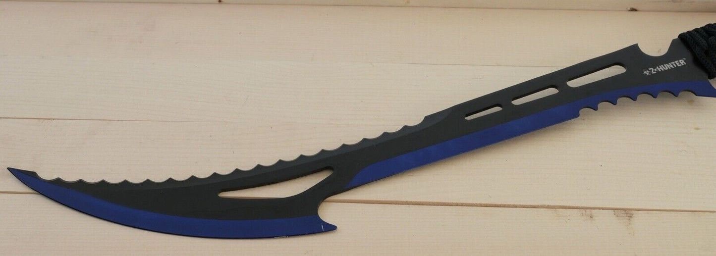 24” Zombie Machete Blue Z-Hunter Full Tang Sawback Nylon Sheath Shoulder Strap L