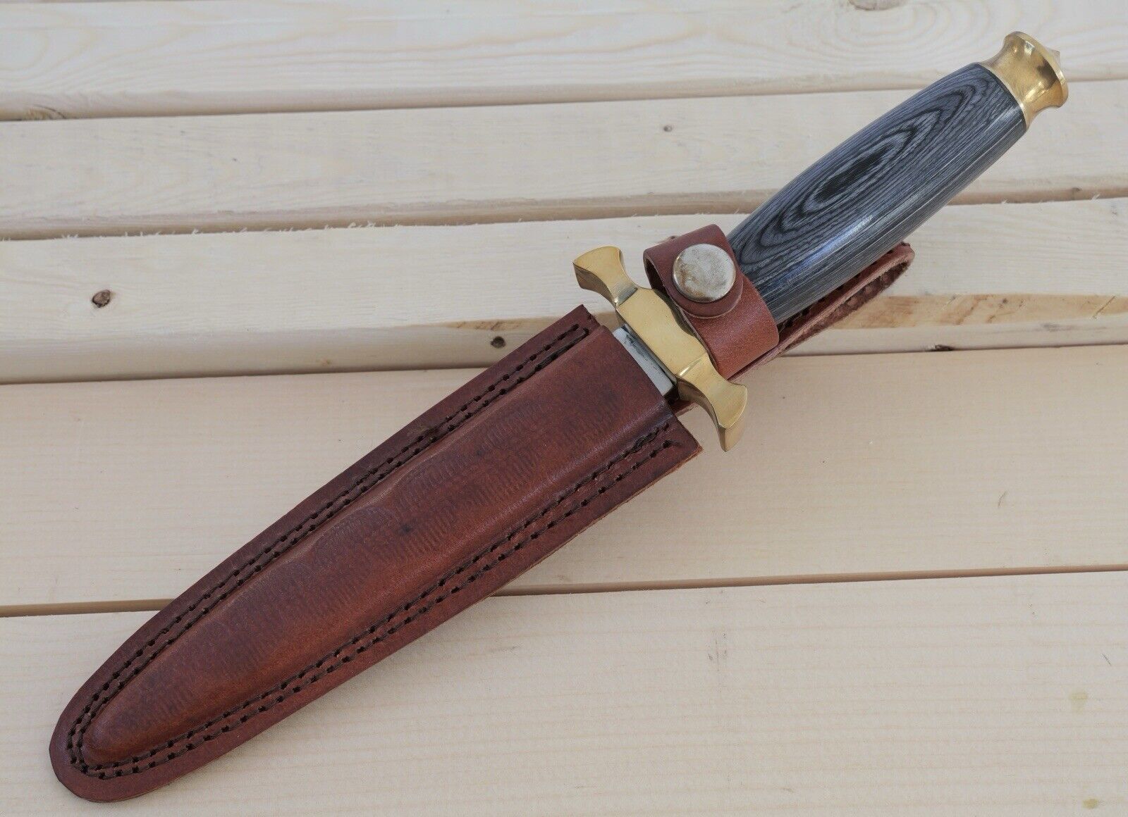 10” Mini Boot Knife Double Edge Spear Point Leather Sheath Belt Loop Wood Handle