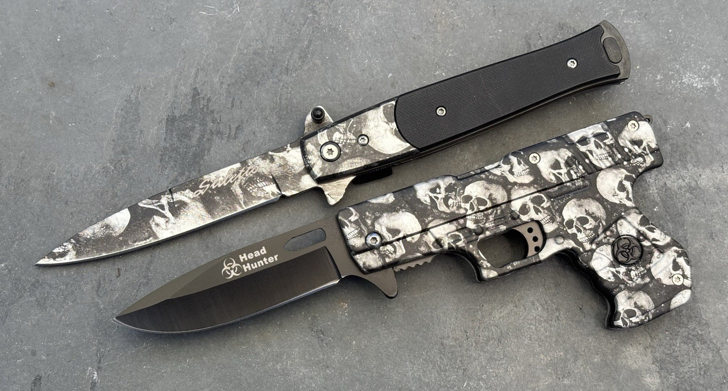 Grey Skull Pocket Knife Set Pistol Knife Spring Assist 2 Pcs