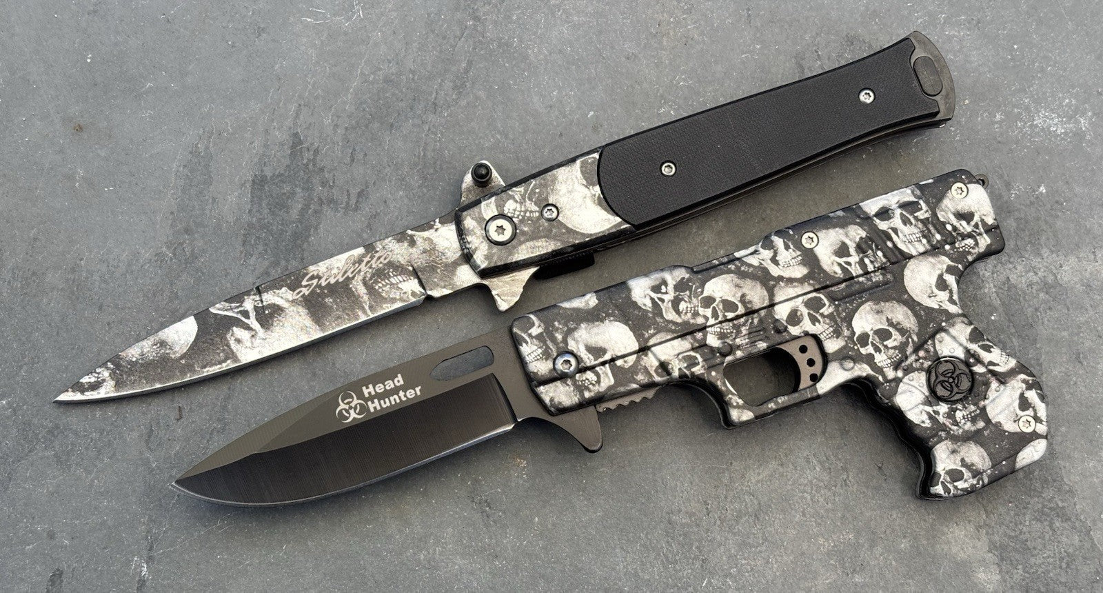 Grey Skull Pocket Knife Set Pistol Knife Spring Assist 2 Pcs