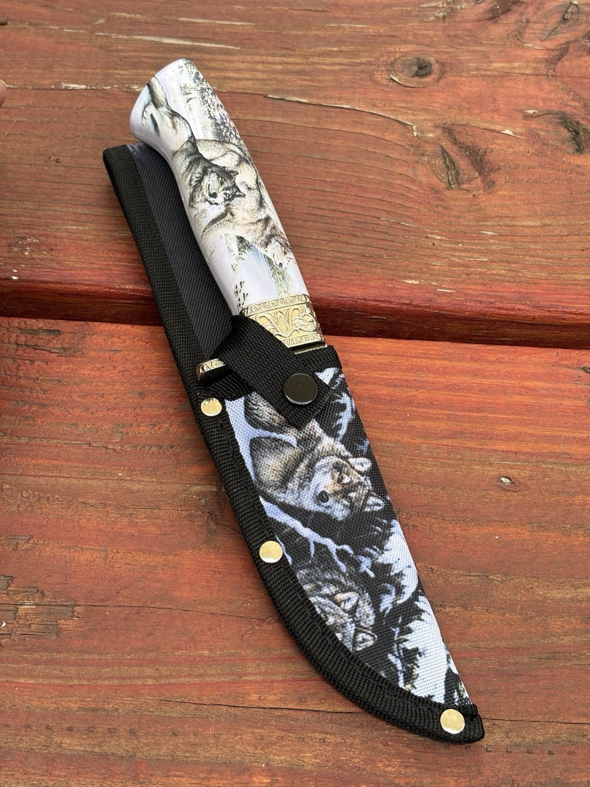 10” Wolf Print Fixed Blade Knife USA Nylon Sheath Belt Loop Survival Knife