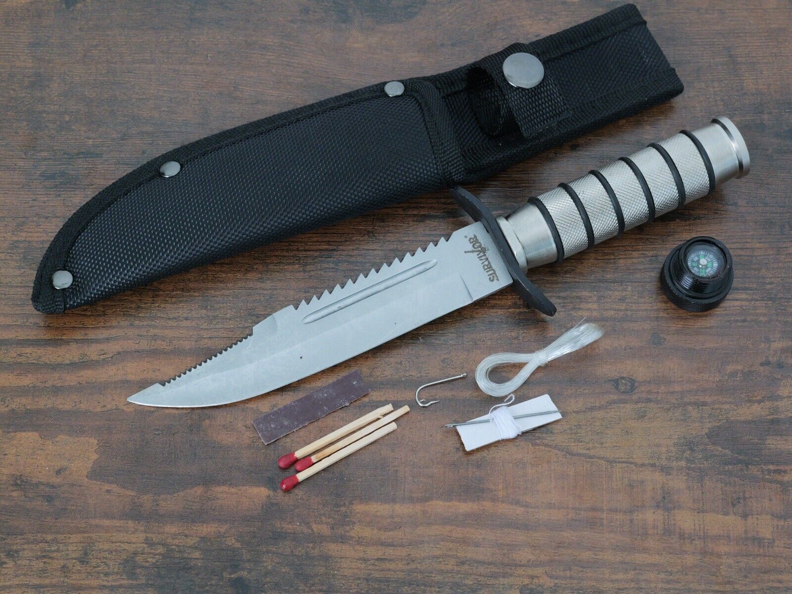 10” Survival Knife Bug Out Kit Metal Handle Waterproof Compartment Nylon Sheath 