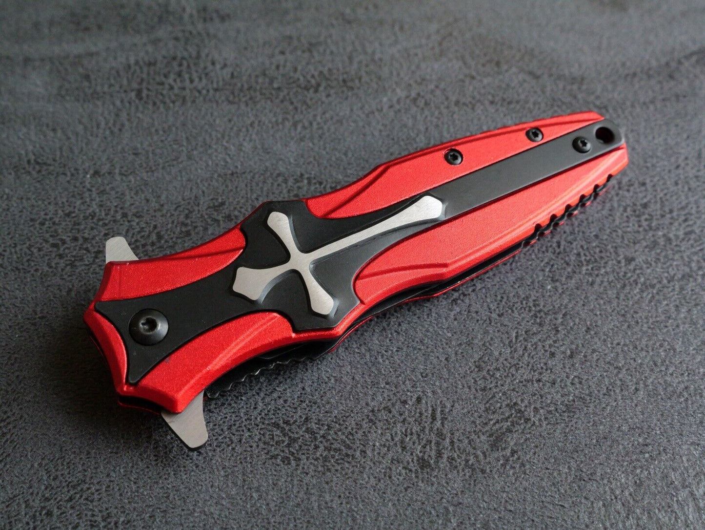 5” Cross Pocket Knife Red Full Size Spear Point Chrome Heart Sharp Assisted