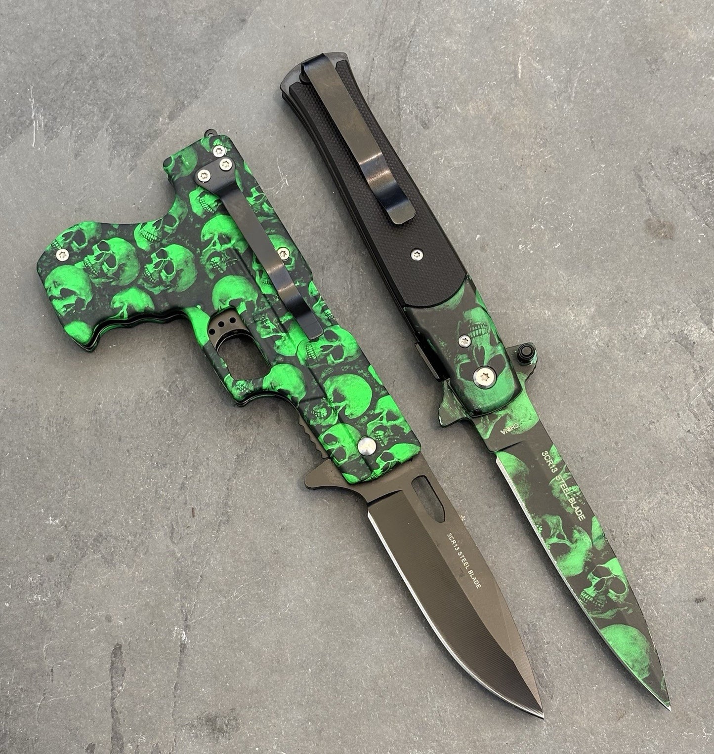 Green Skull Pocket Knife Set Pistol Knife Spring Assist 2 Pcs