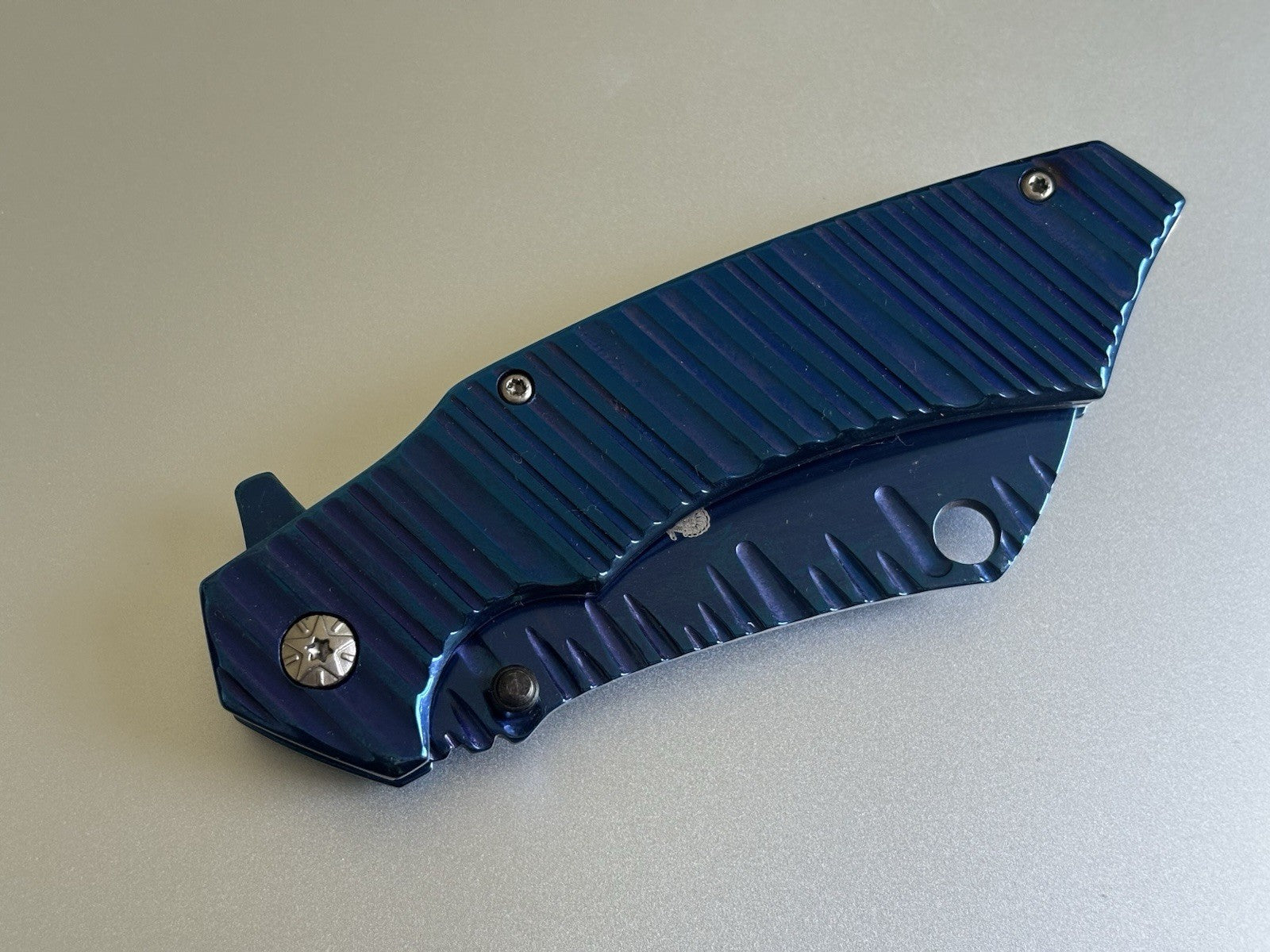 Cleaver Pocket Knife All Metal Blue Handle Spring Assist Frame Lock Heavy Duty