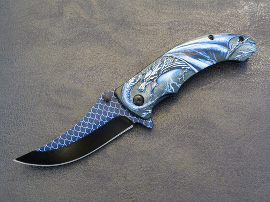Blue Dragon Knife Spring Assisted Full Size Fantasy Pocket Knife Belt Clip Edc