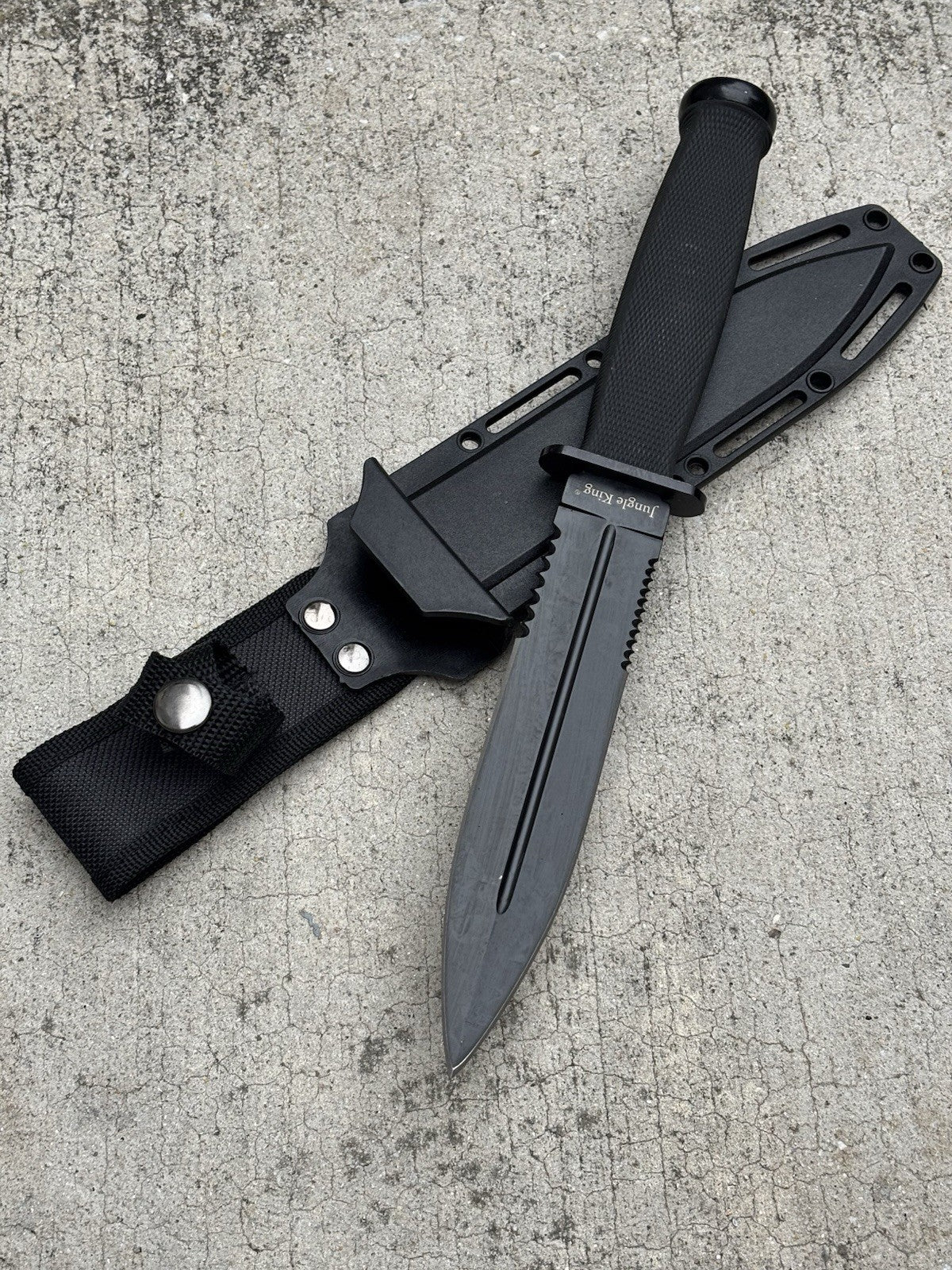 12” Spear Point Double Edge Stealth Black Fix Blade Knife Rubber Grip Full Tang