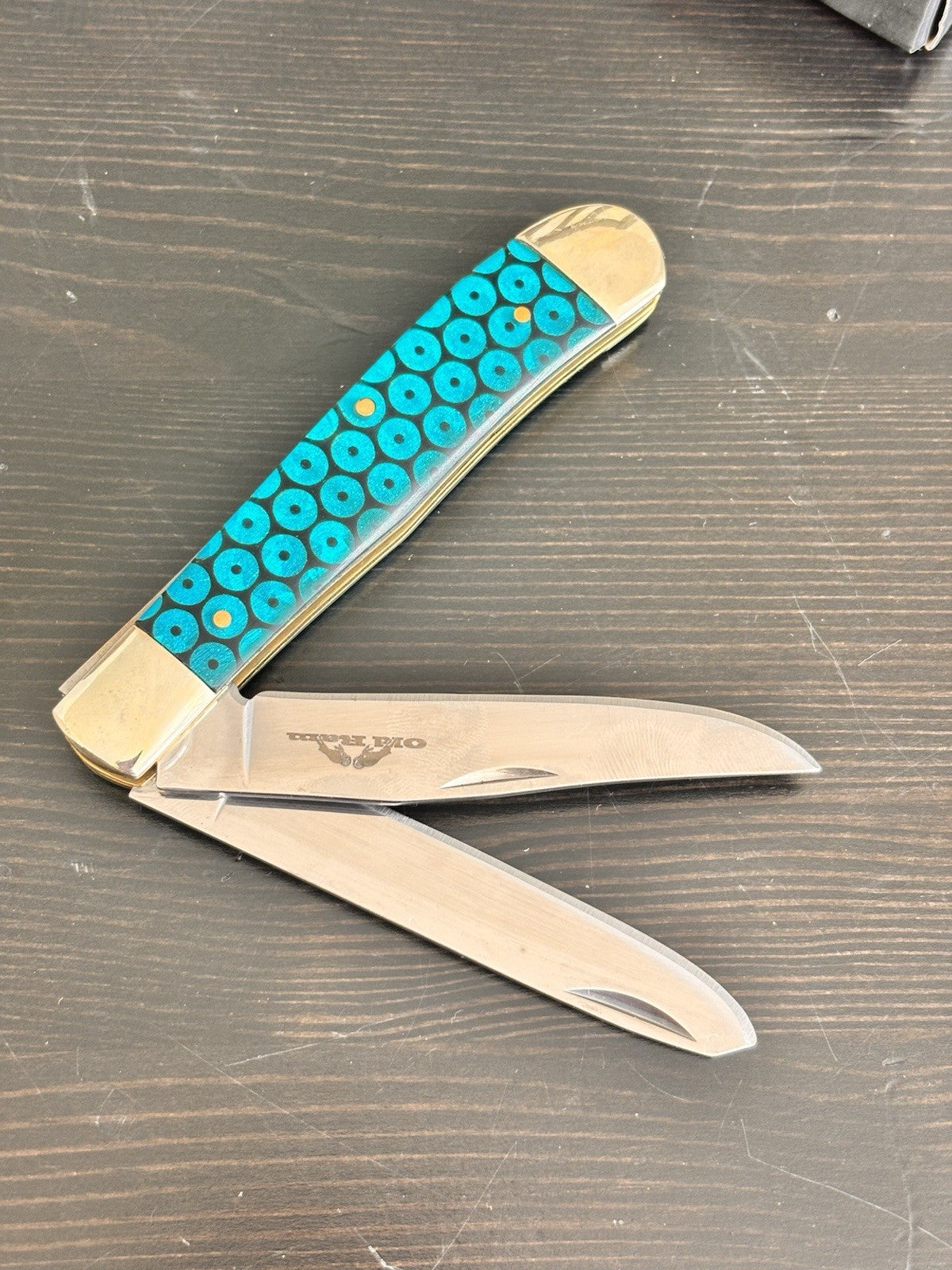 Old Ram 2 Blade Retro Pocket Knife Blue Green Vintage Trapper XL 7.5”
