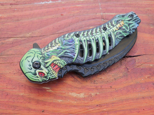 Skeleton Pocket Knife Spring Assisted Grim Reaper Design 8" Green Folding Knife