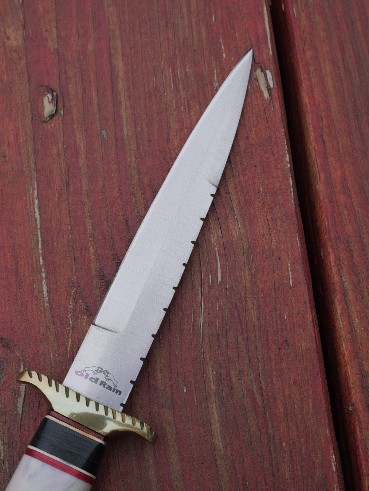 Fixed Blade Knife Dagger Style Spear Point 12” Leather Sheath Brass Resin Handle