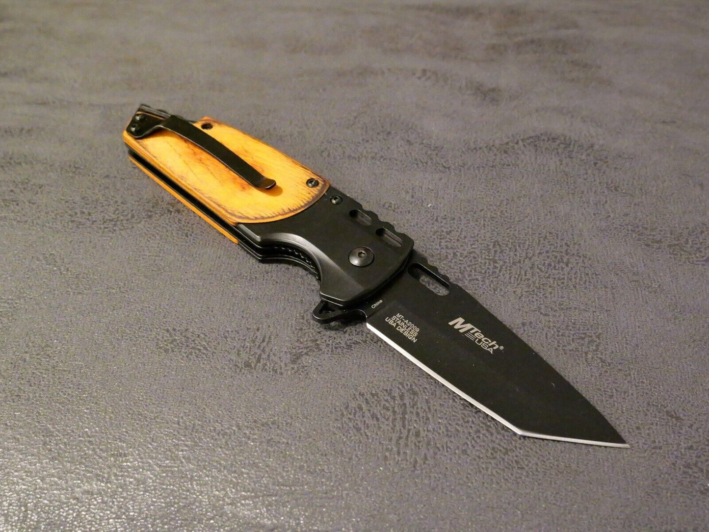 Full Size Pocket Knife Modern Design Spring Assist Tanto Wood Black Pocket Clip