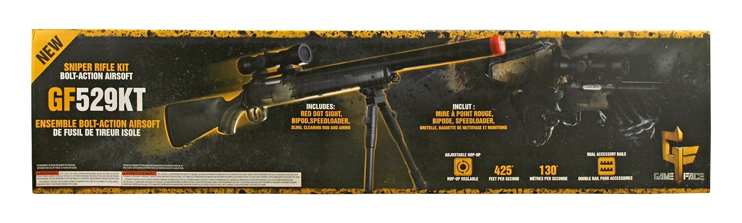 Game Face GF529 Spring-Powered Bolt Action Sniper Airsoft Rifle Clear 425 Fps